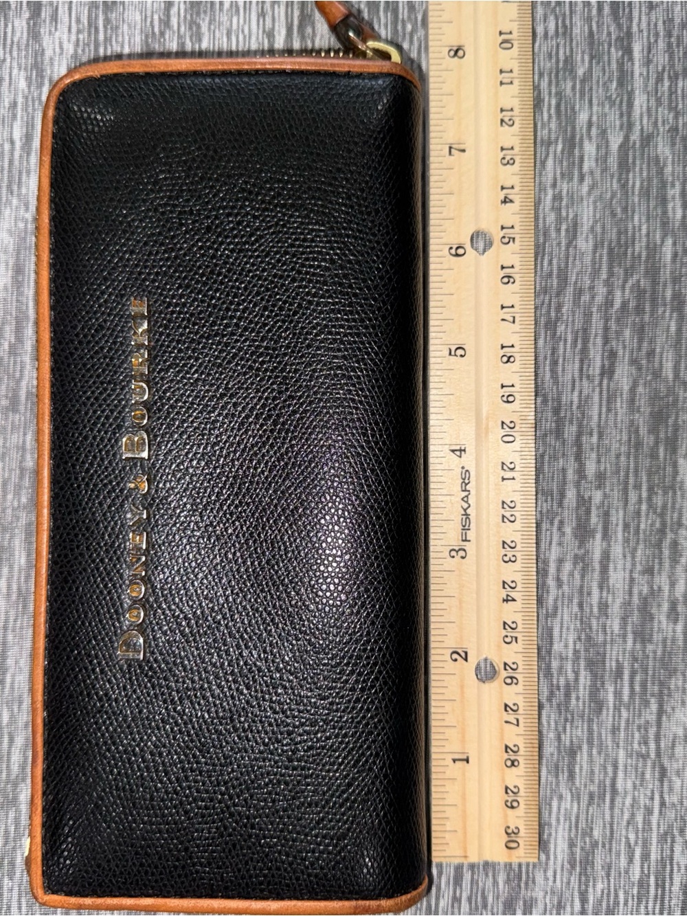 Dooney & Bourke Black Leather Zip Wallet with Tan Trim and Gold Logo